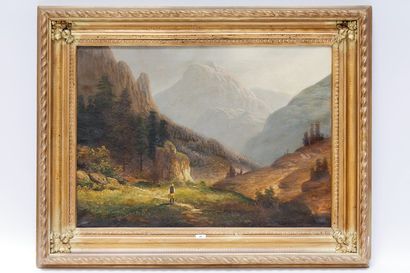 ANONYME "Paysage montagneux", XXe, huile sur toile, 47,5x65,5 cm.