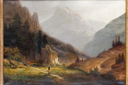 ANONYME "Paysage montagneux", XXe, huile sur toile, 47,5x65,5 cm.
