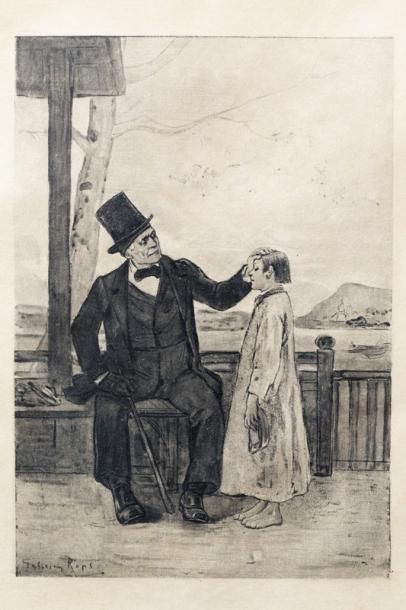 Ecole Belge "La Conversation", XXe, estampe, signée en bas à gauche [Félicien Rops],...