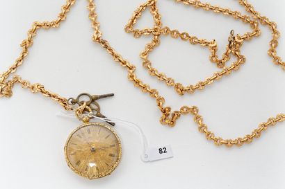 null Montre de gousset en or jaune 18k à cadran guilloché, avec chaîne, début XIXe,...