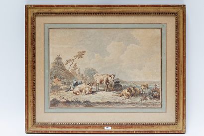 DE RIJK James (1806-1882) [attribué à] "Troupeaux", XIXe, aquarelle et encre de Chine...