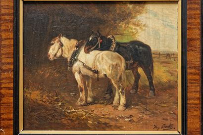 SCHOUTEN Henry (1857/64-1927) "Chevaux de trait", XIXe, huile sur panneau, signée...
