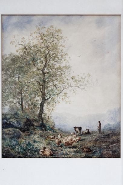 VERBOECKHOVEN Eugène (1798/99-1881) "Troupeaux", 1870, paire d'aquarelles sur papier,...
