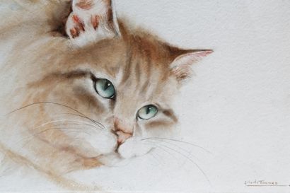 THOMAS Gilberte "La Course amicale" et "Tête de chat", fin XXe, deux aquarelles sur...