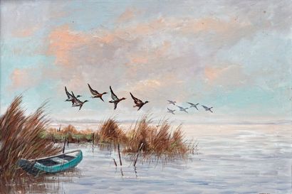 WEBER "Vol de canards sur une lagune", XXe, huile sur toile, signée en bas à droite,...