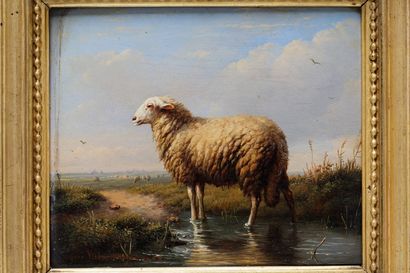 VERBOECKHOVEN Eugène (1798/99-1881) "Mouton dans un paysage", 1843, huile sur panneau,...