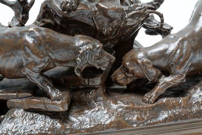 MOIGNIEZ Jules (1835-1894) "Chiens au terrier", circa 1880, groupe en bronze à patine...