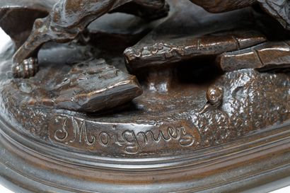 MOIGNIEZ Jules (1835-1894) "Chiens au terrier", circa 1880, groupe en bronze à patine...