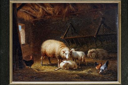VERBOECKHOVEN Eugène (1798/99-1881) "Moutons dans une étable", 1869, huile sur panneau,...