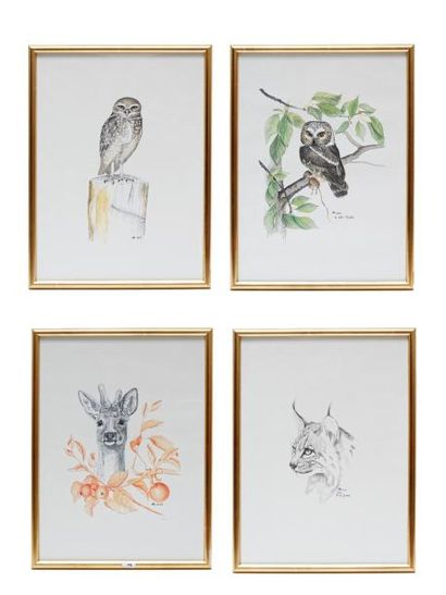 DE GANAY Élisabeth "Portraits animaliers", XXe, suite de quatre dessins, signés et...