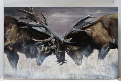 SIBIET Sonia "Combat de cerfs", XXIe, acrylique sur toile, signée en bas à droite,...