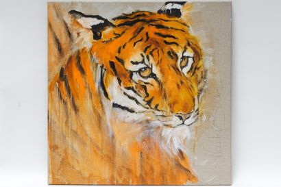 VANDEN BULCKE Valérie "Tête de tigre", XXIe, huile sur toile, signée, 79x79 cm.