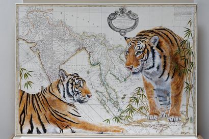 VISART DE BOCARME Marjolaine "Carte tigres", XXIe, acrylique sur toile, signée, 100x150...