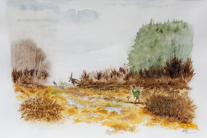 DE WITTE Thibault "Le Débusqué", XXIe, aquarelle sur papier, 33x46 cm.