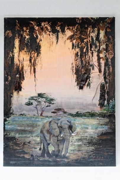 SIBIET Sonia "Éléphant au soleil couchant", XXIe, acrylique sur toile, signée en...