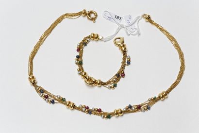 null Demi-parure (collier et bracelet) en or jaune 18k à chainettes et perles de...