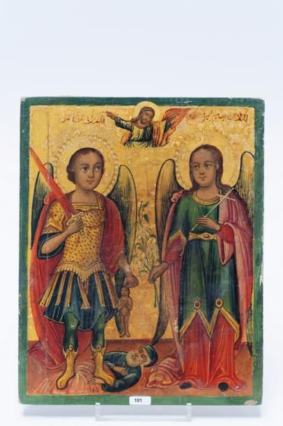 null "Couple de saints", travail copte (?), huile sur toile marouflée sur panneau,...