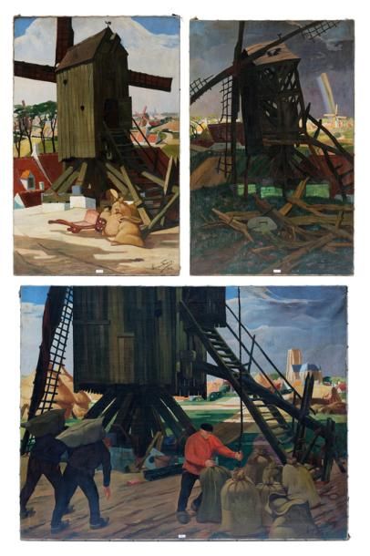 null THEDERIS Georges, "La Vie au moulin", XXe, triptyque d'huiles sur toile, signées...