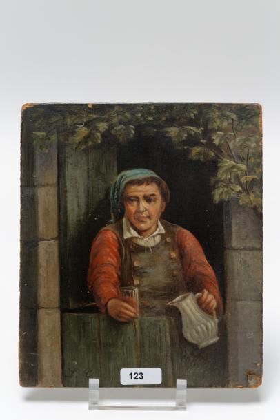 null ÉCOLE FLAMANDE, "Homme au pichet", XIXe, huile sur panneau, 18x15 cm [altér...