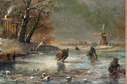null ÉCOLE HOLLANDAISE, "Paysage hivernal animé", fin XIXe, huile sur toile marouflée...