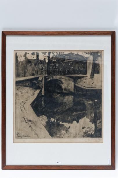 null ÉCOLE BELGE, "Bord de canal", XXe, estampe, dédicacée [1926] en bas à droite,...