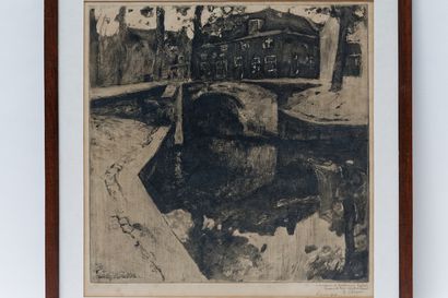 null ÉCOLE BELGE, "Bord de canal", XXe, estampe, dédicacée [1926] en bas à droite,...