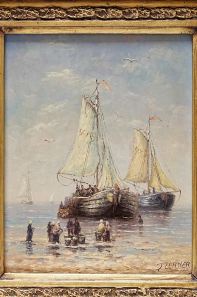 null INCONNU, "Bord de mer avec voiliers", début XXe, huile sur panneau, signée en...