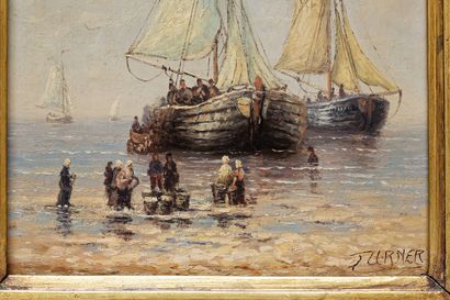 null INCONNU, "Bord de mer avec voiliers", début XXe, huile sur panneau, signée en...