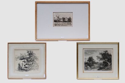 null Lot de trois estampes :

- DE BRAEKELEER Henri (1840-1888), "Paysage au moulin",...