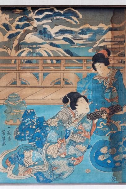 null JAPON, "Courtisanes", XIXe, triptyque d'estampes polychromes, 35,5x74 cm (à...