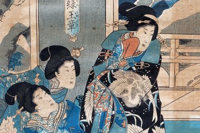 null JAPON, "Courtisanes", XIXe, triptyque d'estampes polychromes, 35,5x74 cm (à...