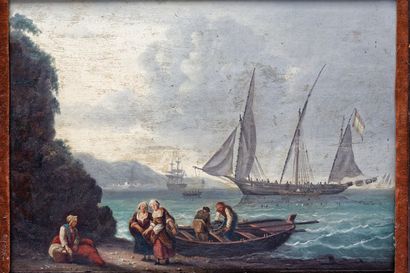 null ANONYME, "L'Embarquement", début XIXe, huile sur panneau, 32x43 cm [restaur...