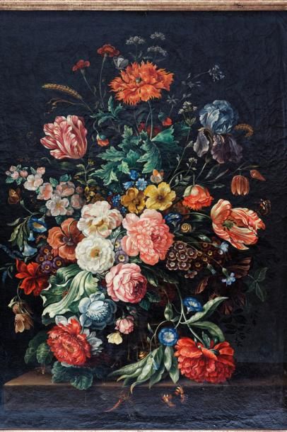 null ÉCOLE FLAMANDE, "Bouquet sur un entablement", circa 1700, huile sur toile rentoilée,...