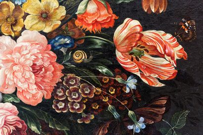 null ÉCOLE FLAMANDE, "Bouquet sur un entablement", circa 1700, huile sur toile rentoilée,...