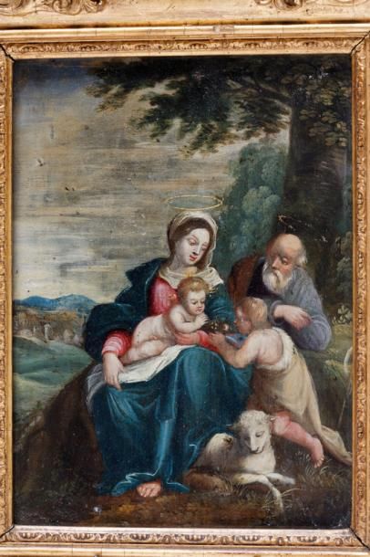 null ANONYME, "Sainte Famille", XXe, huile sur toile, 21x15 cm.