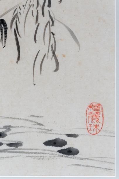 null CHINE, "Grue", XXe, encre sur papier, sceau en bas à droite, 58x32 cm (à vu...