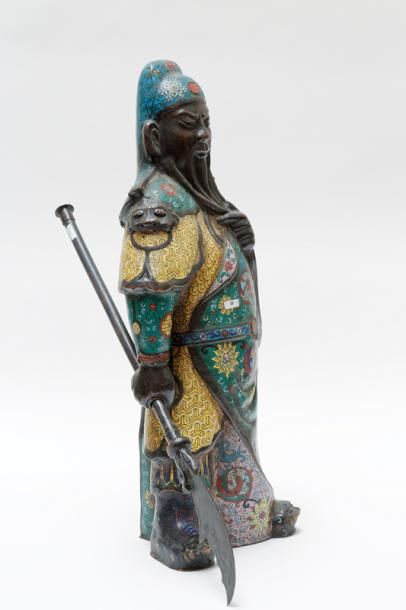 null JAPON, "Guan Yu", ère Meiji / fin XIXe, important sujet en bronze patiné et...