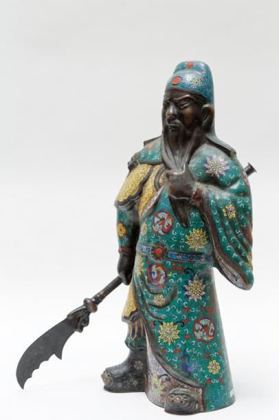 null JAPON, "Guan Yu", ère Meiji / fin XIXe, important sujet en bronze patiné et...