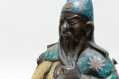 null JAPON, "Guan Yu", ère Meiji / fin XIXe, important sujet en bronze patiné et...