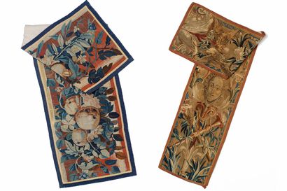 null Deux fragments de tapisserie, circa 1700, bolduc aux revers, 171x36 cm et 51x184...