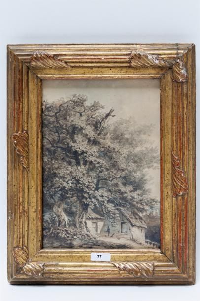 null ÉCOLE BELGE, "Chaumière dans les bois", XIXe, encre rehausée d'aquarelle sur...