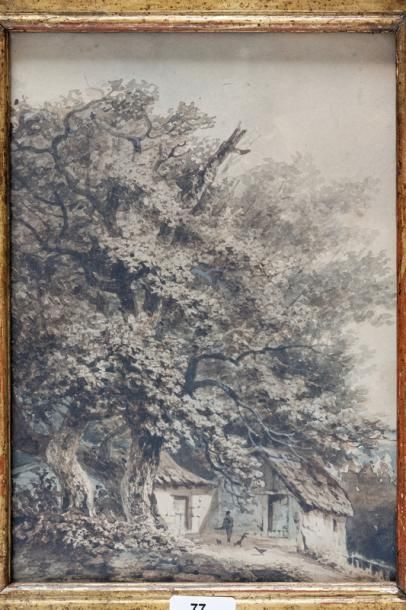 null ÉCOLE BELGE, "Chaumière dans les bois", XIXe, encre rehausée d'aquarelle sur...