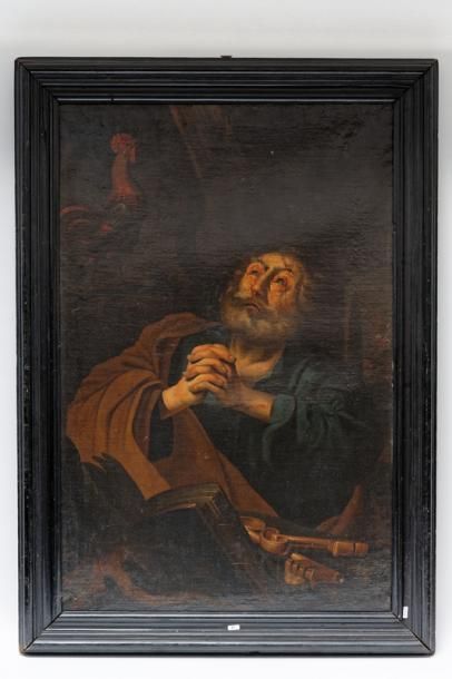 null ÉCOLE FLAMANDE, "Saint Pierre", XVIIe, huile sur toile rentoilée, trace de signature...