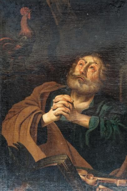 null ÉCOLE FLAMANDE, "Saint Pierre", XVIIe, huile sur toile rentoilée, trace de signature...