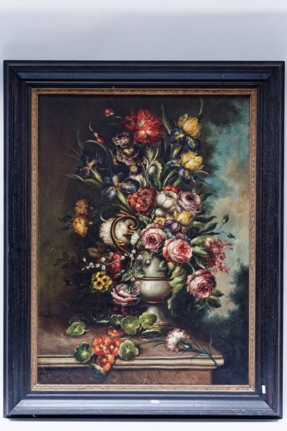 null ÉCOLE FLAMANDE, "Bouquet sur un entablement", XIXe, huile sur toile, 99,5x70...