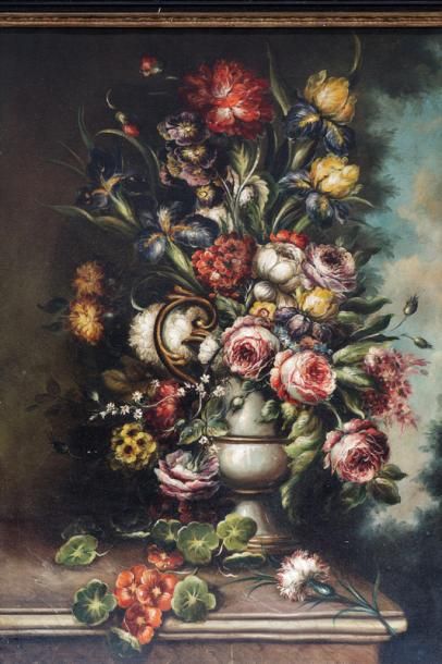 null ÉCOLE FLAMANDE, "Bouquet sur un entablement", XIXe, huile sur toile, 99,5x70...