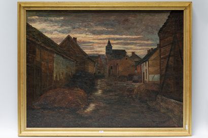 null ÉCOLE BELGE, "Village au crépuscule", début XXe, huile sur toile, signée en...