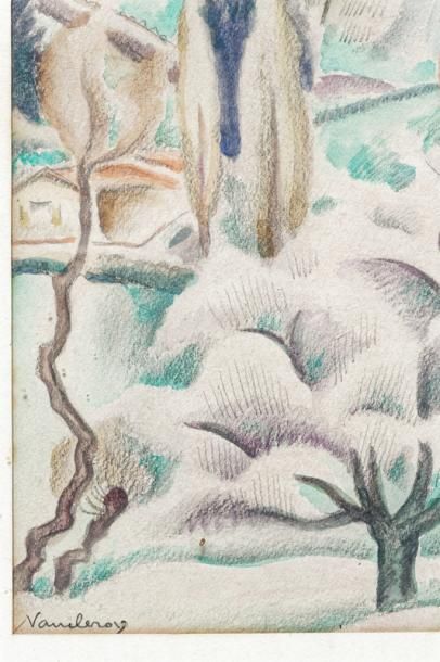 DE VAUCLEROY Pierre (1892-1980) "Paysage provençal", XXe, technique mixte sur papier,...