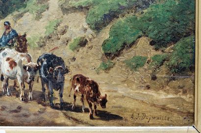 DAIWAILLE Alexander Joseph (1818-1888) "Vachers et leur troupeau", fin XIXe, huile...