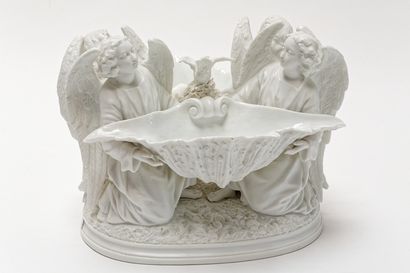 null Important milieu-de-table à double conque soutenue par quatre anges, XIXe, biscuit...